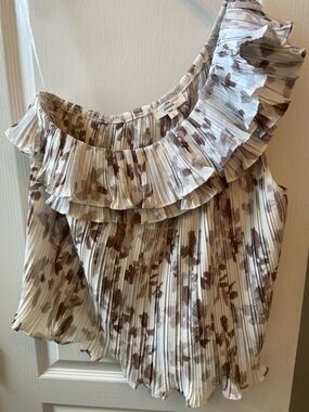 entro Pleated One-Shoulder Ruffle Camisole - Cream & Brown Floral